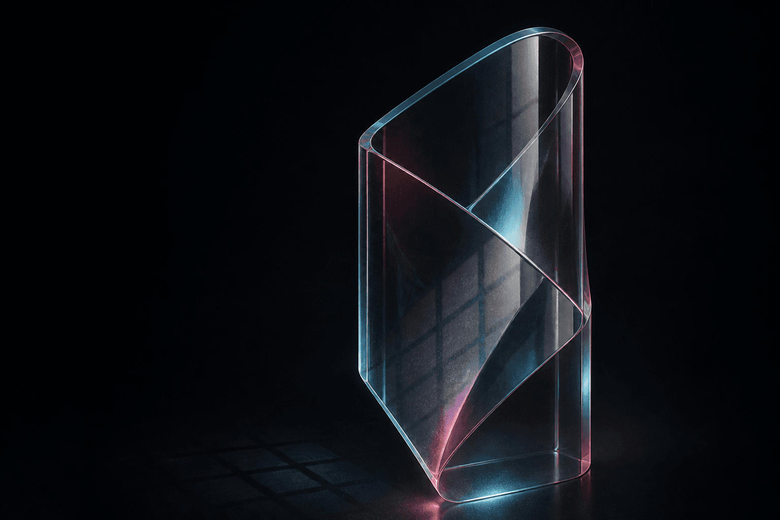 Abstract glass form floating in a dark studio environment